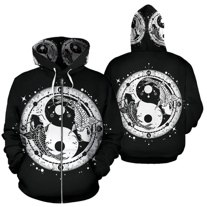 Yin Yang Koi Fish All Over Zip Up Hoodie