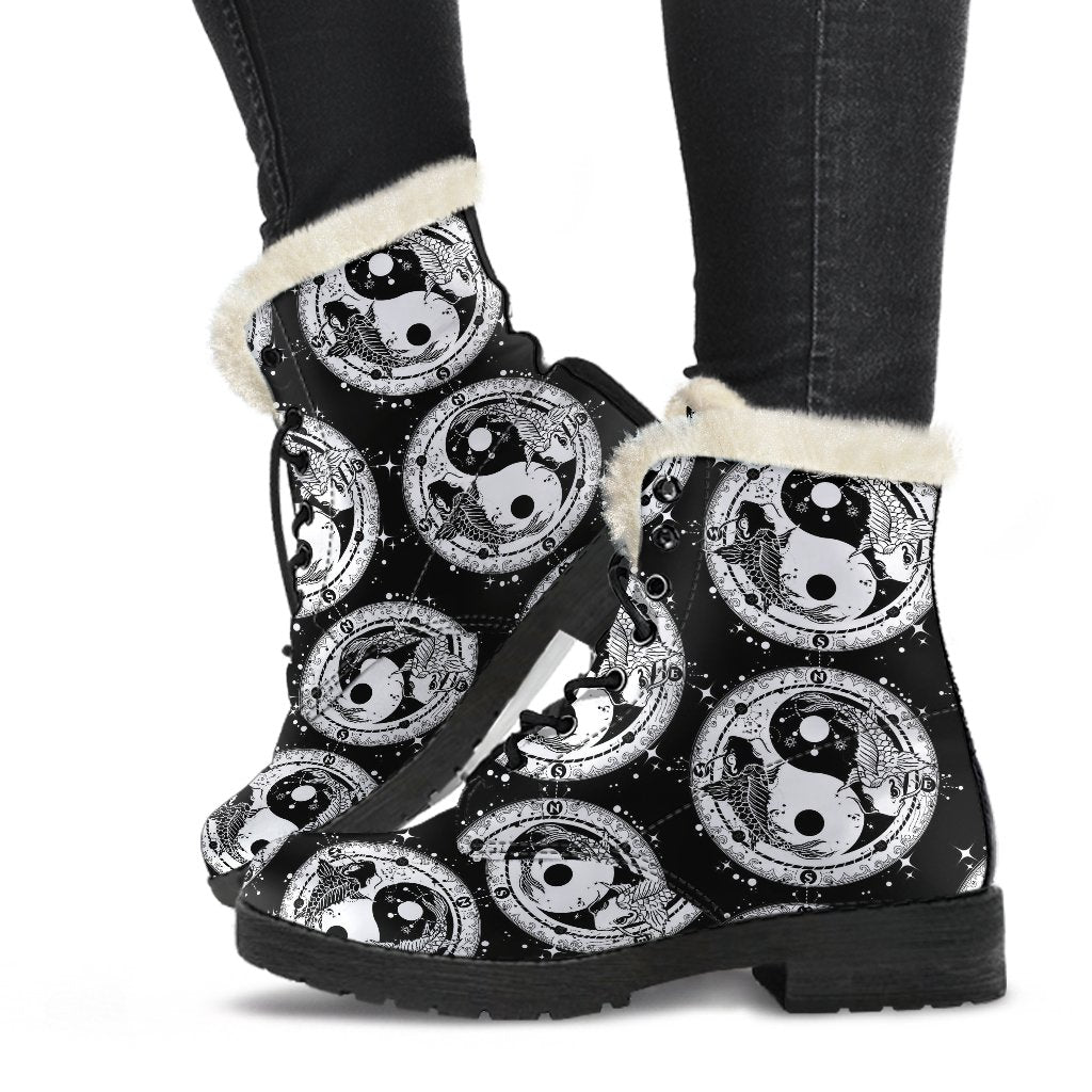 Yin Yang Koi Fish Faux Fur Leather Boots