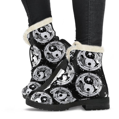 Yin Yang Koi Fish Faux Fur Leather Boots