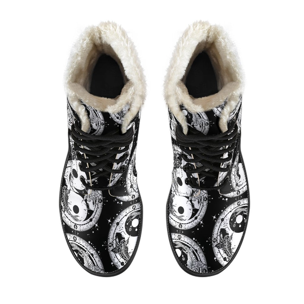 Yin Yang Koi Fish Faux Fur Leather Boots