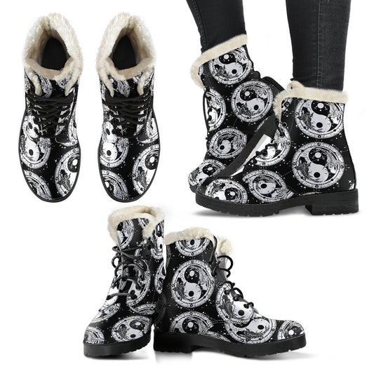 Yin Yang Koi Fish Faux Fur Leather Boots