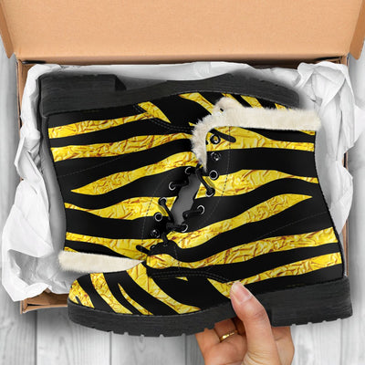 Zebra Gold Faux Fur Leather Boots