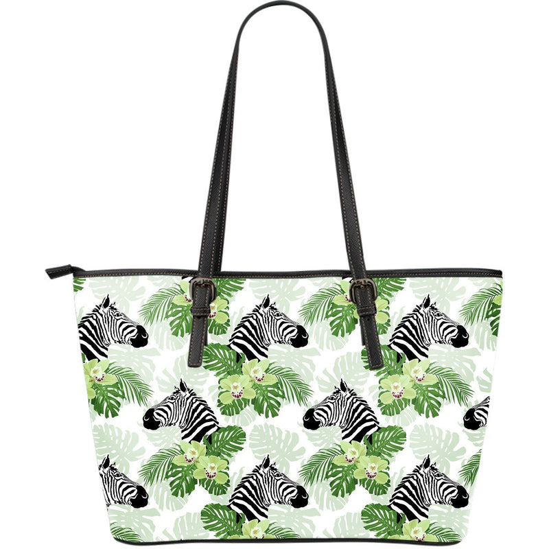 Zebra Tropical leaves Large Leather Tote Bag