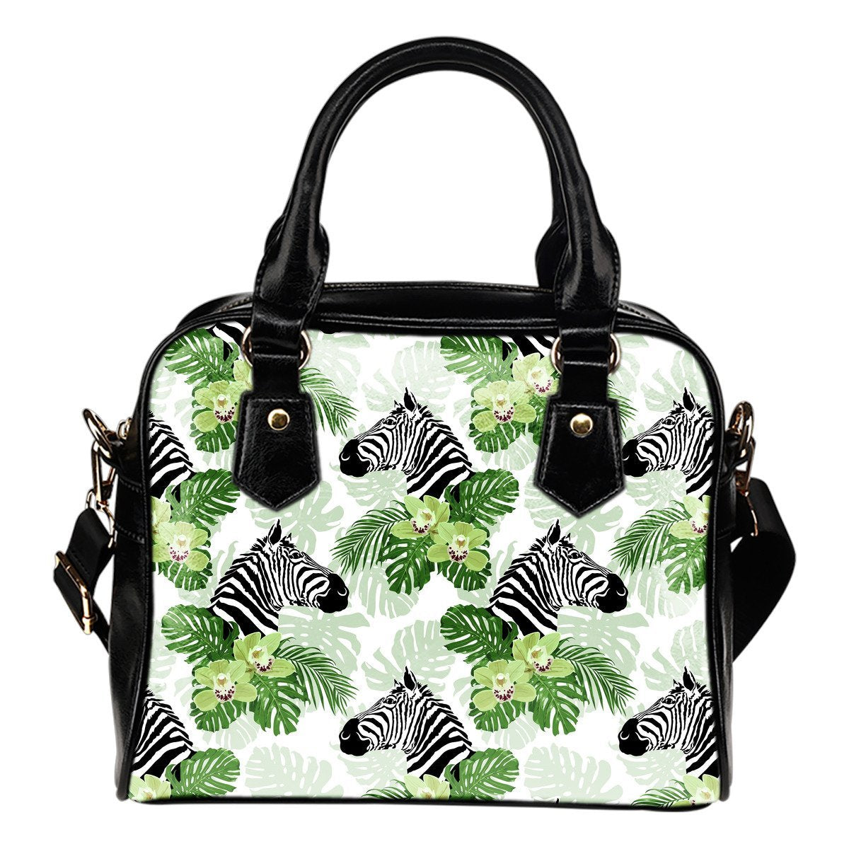 Zebra Tropical Leaves Leather Shoulder Handbag