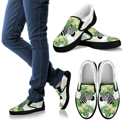 Zebra Tropical Leaves Men Canvas Slip On Shoes