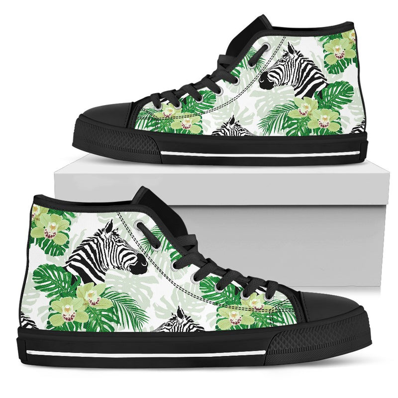 Zebra Tropical Leaves Men High Top Canvas Shoes