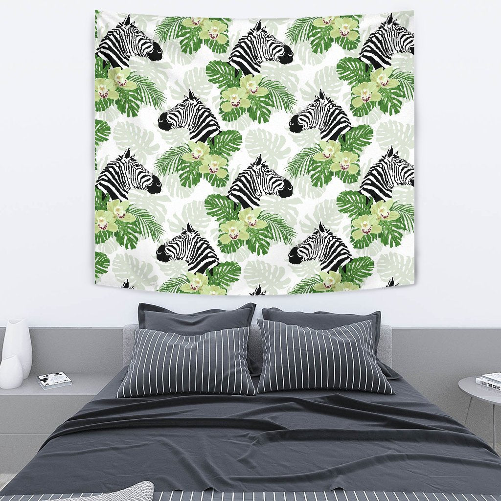 Zebra Tropical Leaves Wall Tapestry