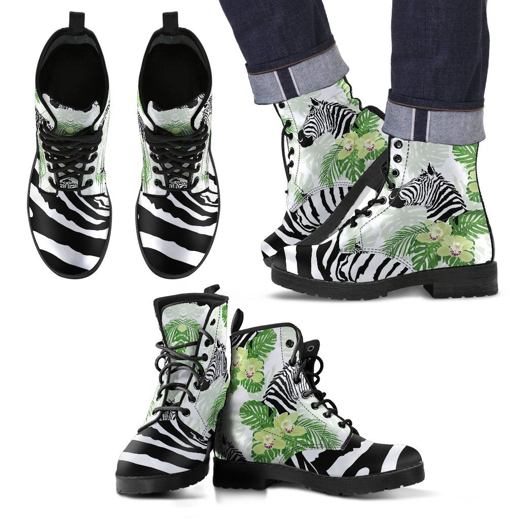 Zebra Tropical Leaves Women & Men Leather Boots