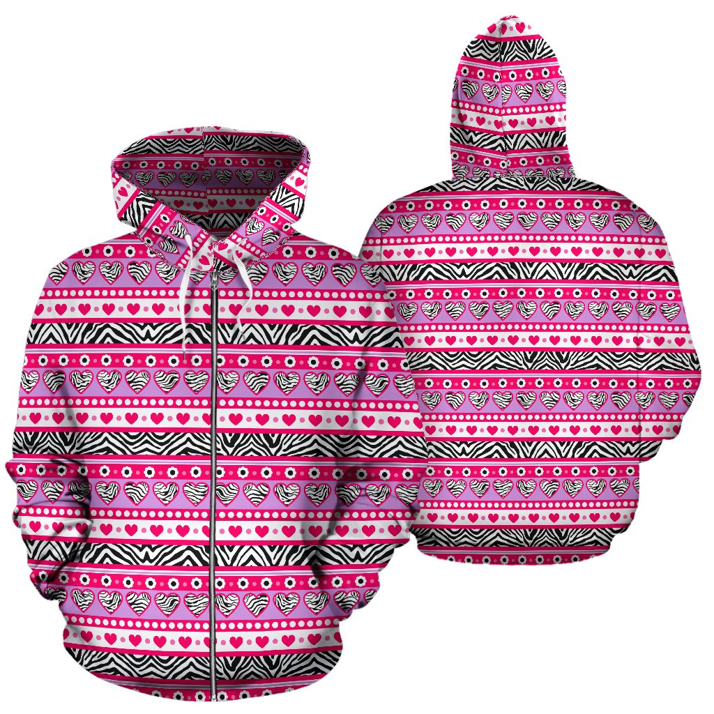 zebra Heart Pink Pattern All Over Zip Up Hoodie