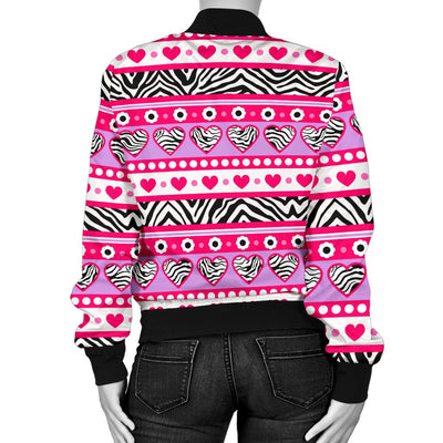 Zebra Heart Pink Pattern Women Casual Bomber Jacket