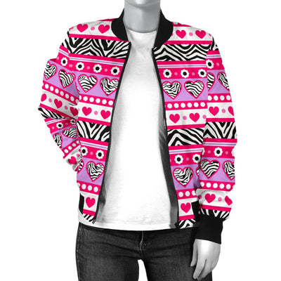 Zebra Heart Pink Pattern Women Casual Bomber Jacket