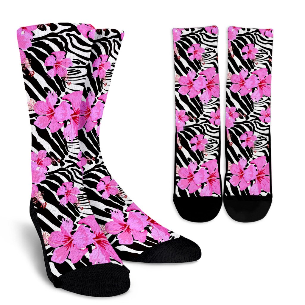 Zebra Pink Hibiscus Crew Socks