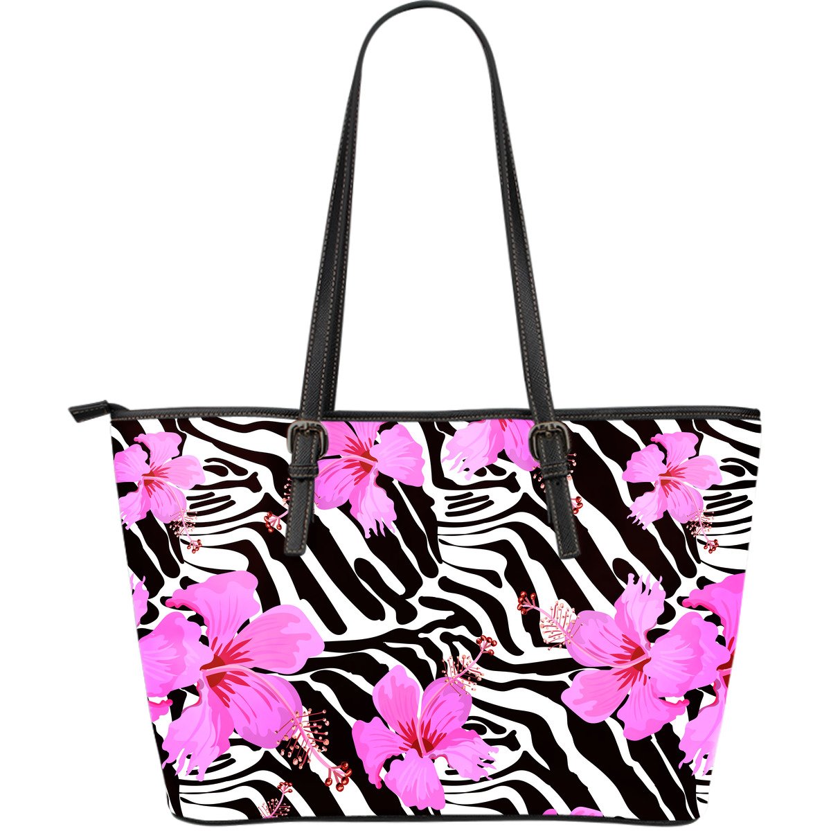 Zebra Pink Hibiscus Large Leather Tote Bag