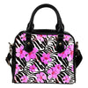 Zebra Pink Hibiscus Leather Shoulder Handbag