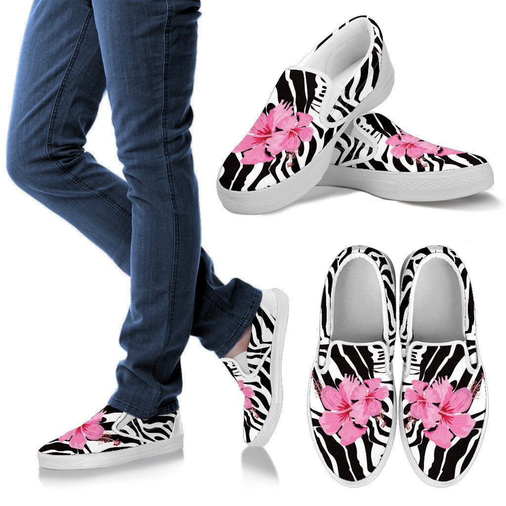 Zebra Pink Hibiscus Men Canvas Slip On Shoes