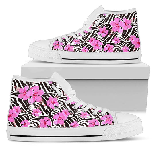 Zebra Pink Hibiscus Men High Top Canvas Shoes