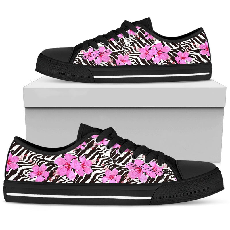 Zebra Pink Hibiscus Men Low Top Canvas Shoes