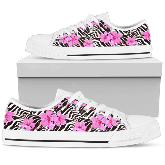 Zebra Pink Hibiscus Men Low Top Canvas Shoes