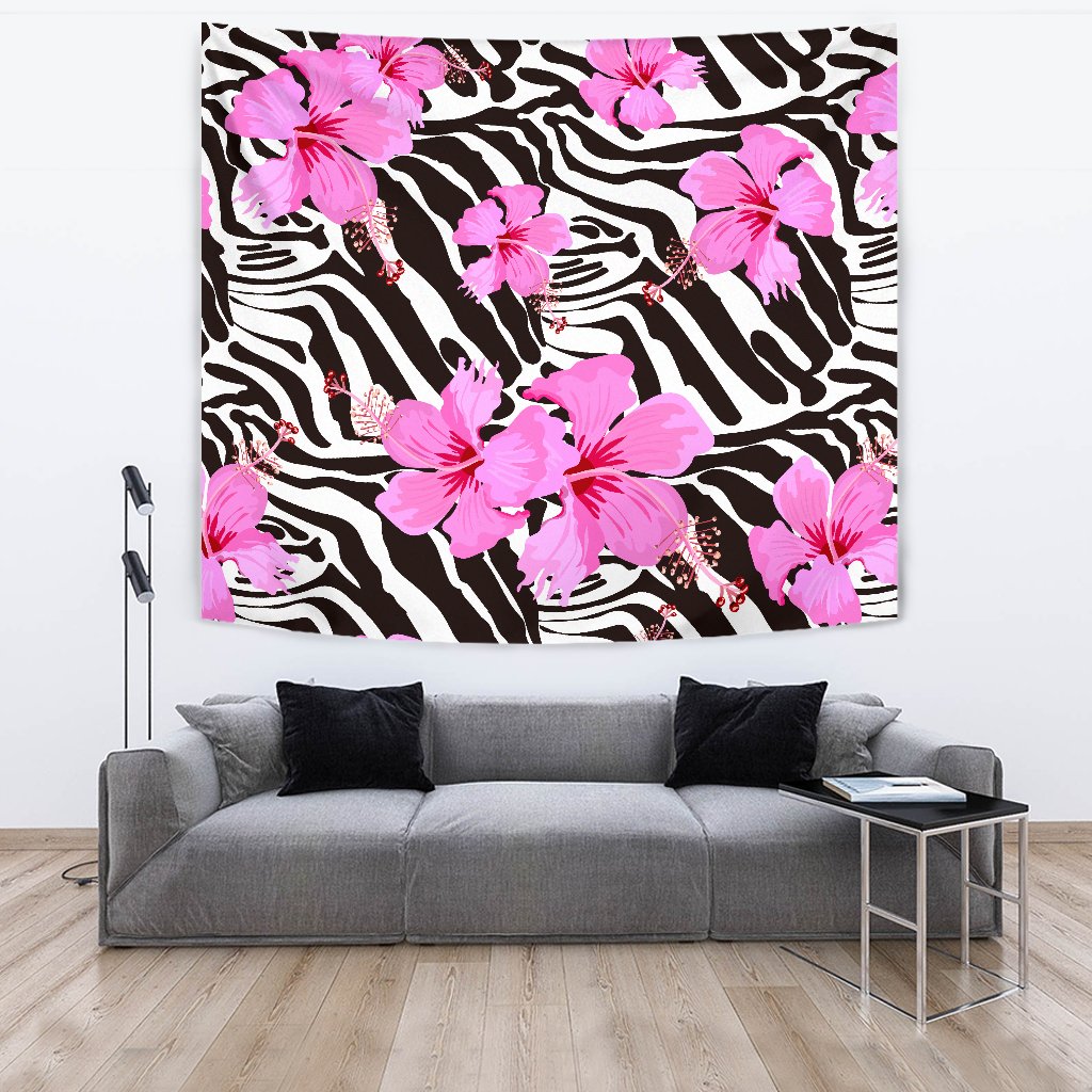 Zebra Pink Hibiscus Wall Tapestry