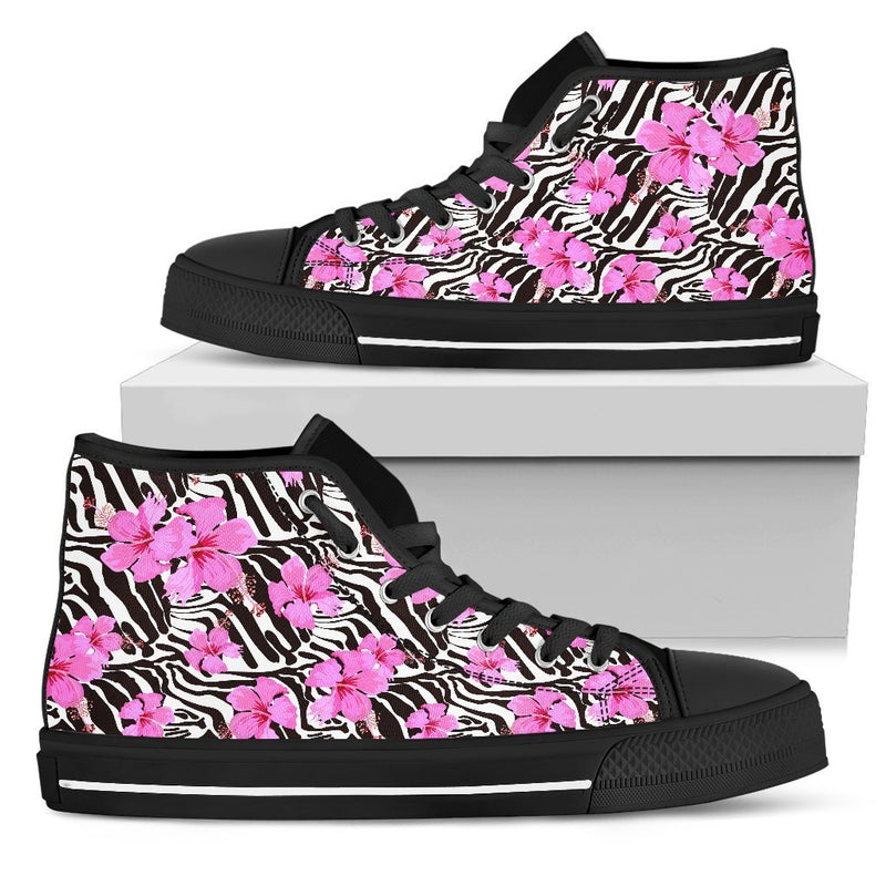 Zebra Pink Hibiscus Women High Top Canvas Shoes