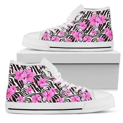 Zebra Pink Hibiscus Women High Top Canvas Shoes