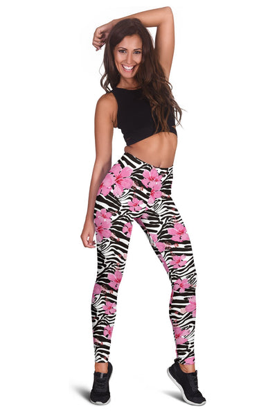 Zebra Pink Hibiscus Women Leggings