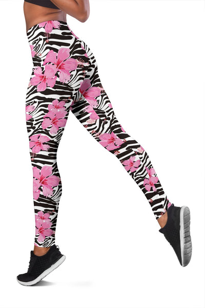 Zebra Pink Hibiscus Women Leggings