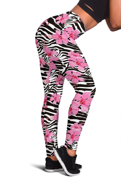 Zebra Pink Hibiscus Women Leggings