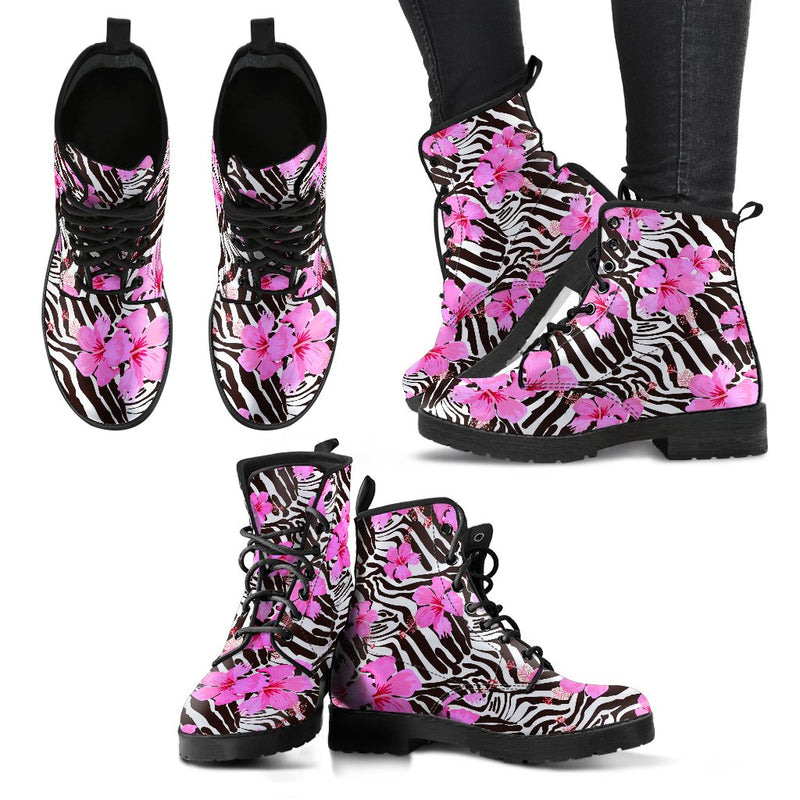 Zebra Pink Hibiscus Women & Men Leather Boots