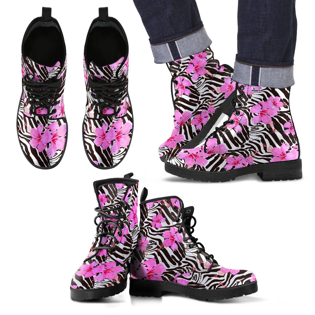 Zebra Pink Hibiscus Women & Men Leather Boots